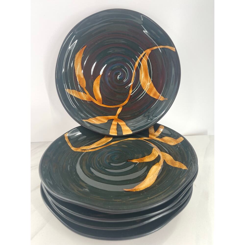 Dakara by PIER 1 Set of 5 Plates Forrest Green w/Yellow Leaves, Salad Plates